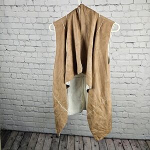 KLD Signature Tan Faux Suede Faux Fur Lined Draped Waterfall Vest KD-1377 Medium